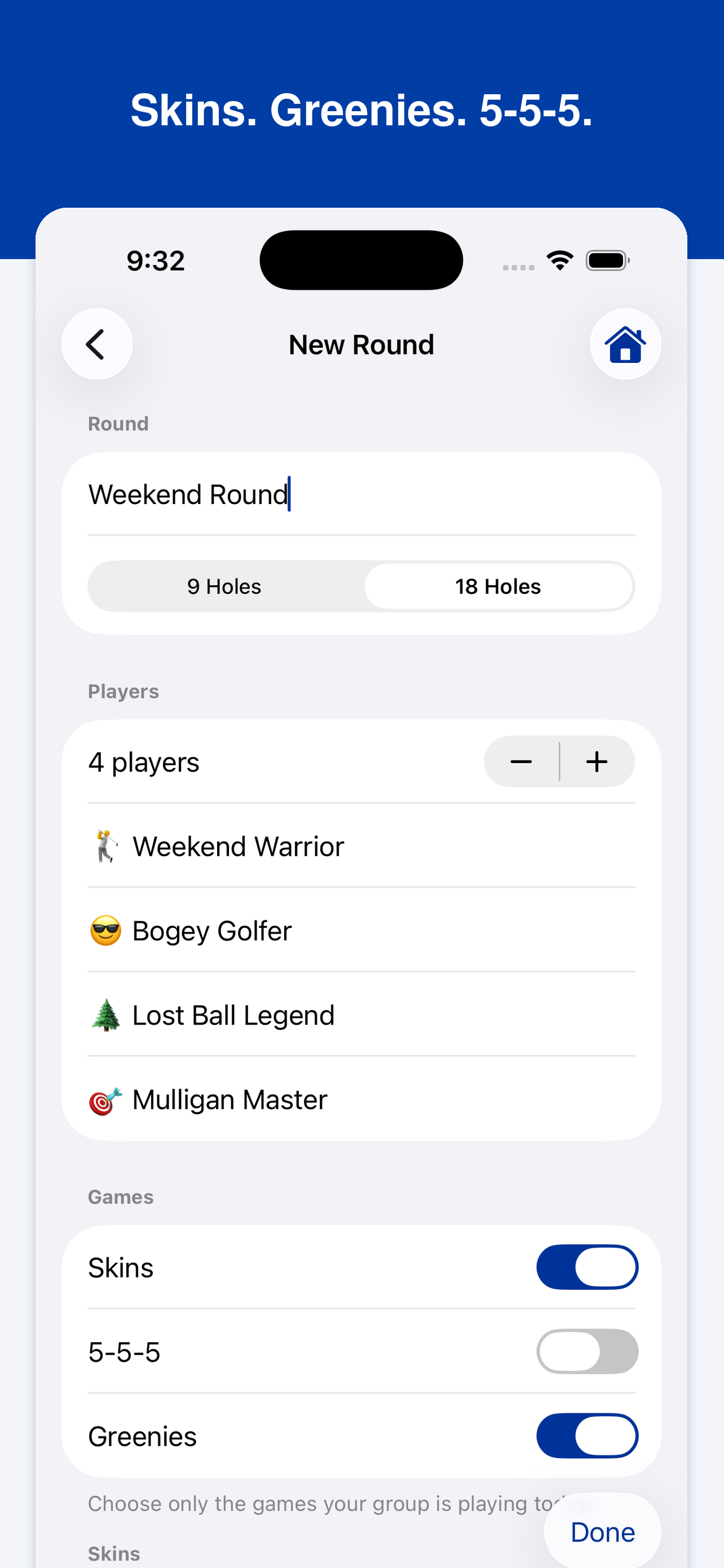 New Round screen for choosing skins, greenies, and 5-5-5