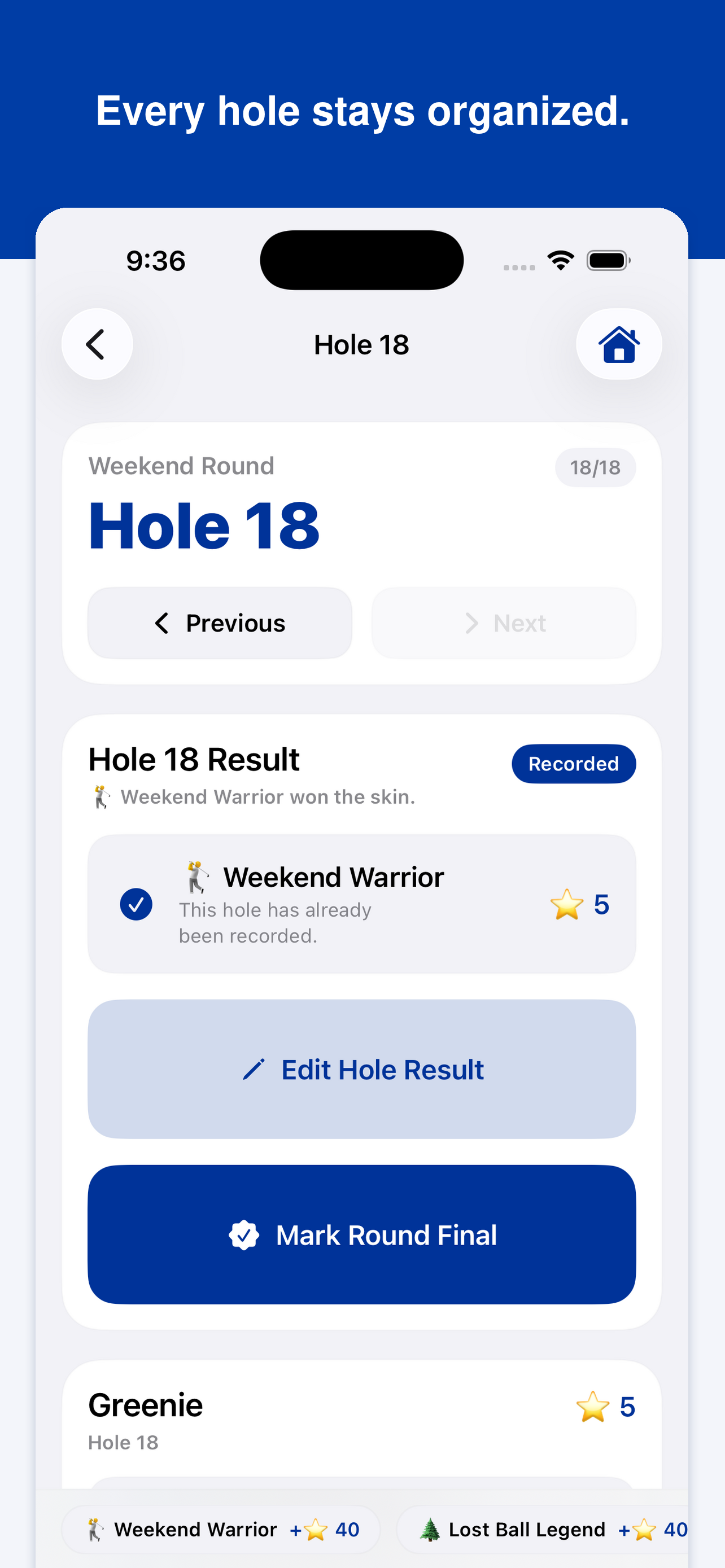 Recorded hole result with editing, finalizing, and greenie controls